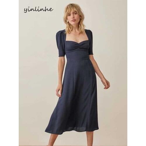 Yinlinhe Navy Blue Vintage Midi Dress Women Heart Collar Sexy Summer Dress Short Sleeve Slim Elegant Party Dresses French 2201