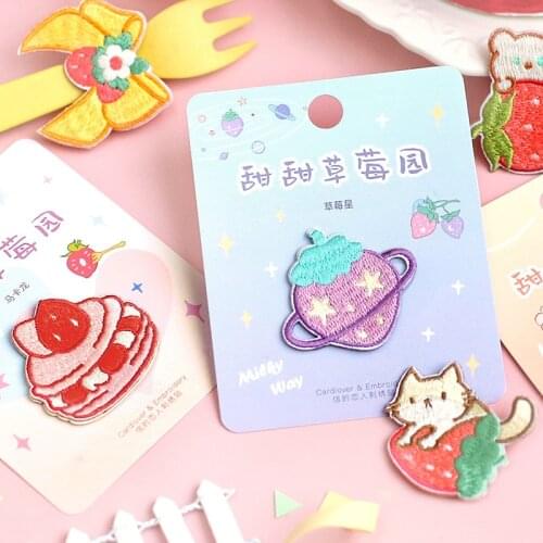 1pc Sweet Strawberry Cake Cat Embroidered Adhensive Cloth Stickers for Bag Phone Clothes