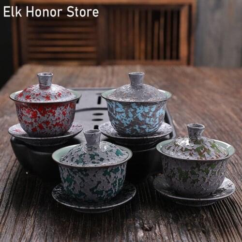 150ml Vintage Kiln Fambe Crystal Glaze Tea Tureen Iron Rust Gray GaiWan Tea Bowl With Saucer Lid Kit Master KungFu Travel Teaset