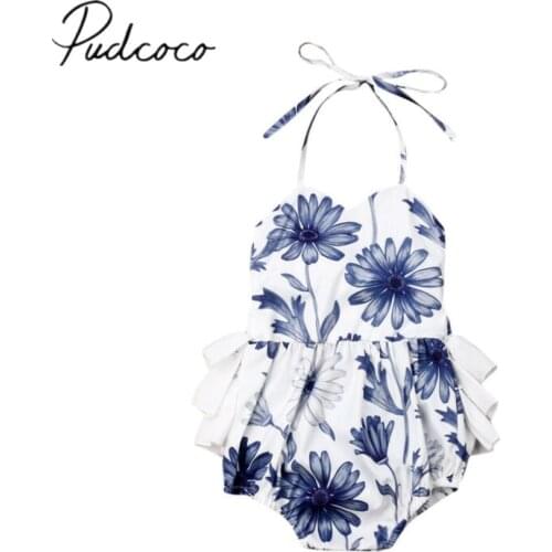 2019 Baby Summer Clothing Newborn Baby Girl Floral Clothes Strap Jumpsuit Floral Bodysuit Backless Sunsuit Lace Ruffled Outfit