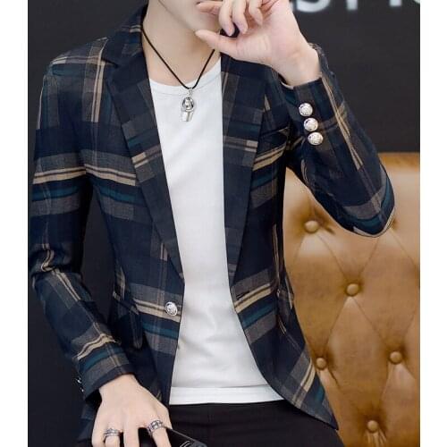 2021 Mens Casual All-Matching Personality Plaid Printed Suit Youth New Handsome Slim blazer