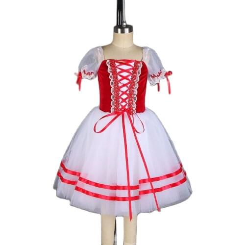 White Puff Sleeves Ballet Dance Tutu Leotard Dress Red Velvet Bodice with White Romantic Tutu Skirt Ballerina Dress Girl 21002