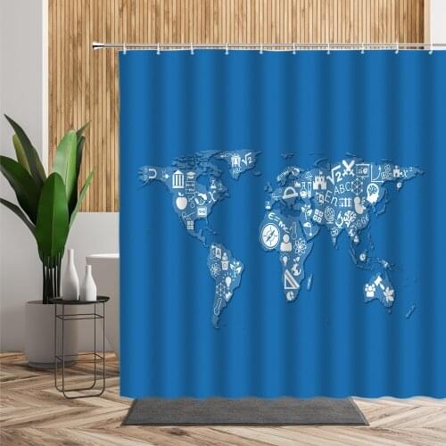 3D Map Pattern Shower Curtain Blue Backdrop Printing Bathroom Decors Waterproof Fabric Home Creative Bath Curtains Set 240x180cm