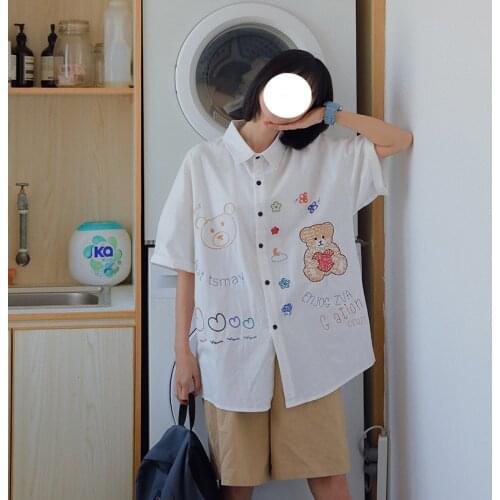 Deeptown Japan Style Girls Blouses Funny Bear Print Graphic Cardigan 2021 Cute Beach Style Embroidery Cartoon Button Up Tops New