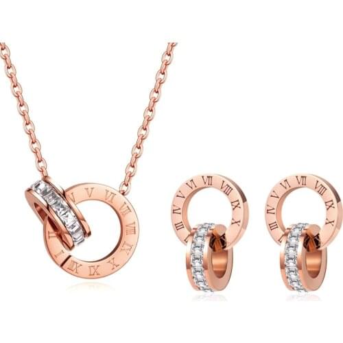 2020 Trend Statement Luxury Elegant Roma Numeral Crystal Necklace Earrings Set For Women Fashion Stainless Steel Earings Jewelry