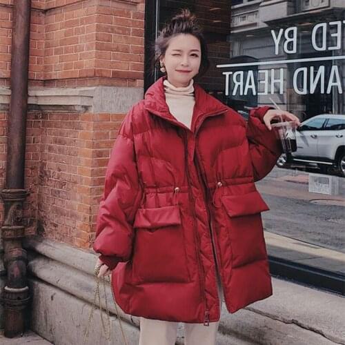 Women Winter Stand Collar Red Thicken Long Parkas Waist-drawstring Zipper Oversized Cotton Coat Jacket Warm Cloak