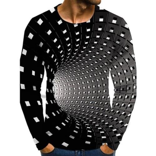 Mens Shirts Graphic Optical Illusion Plus Size Print Long Sleeve T-shirts Spring Summer Streetwear Exaggerated Round Neck Tops