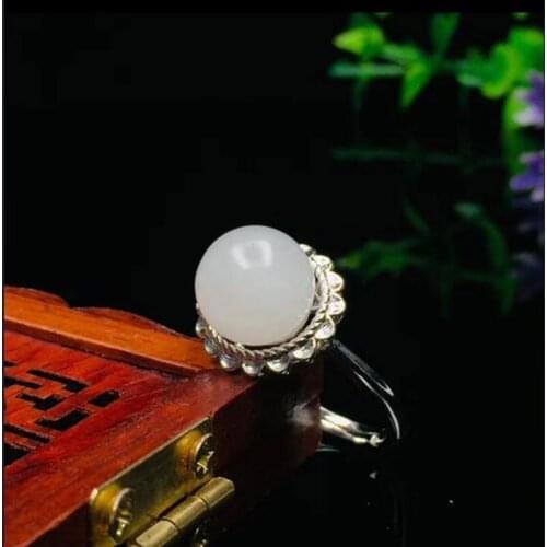 Natural 925 Silver Hetian White Jade Carved The Round Ring For Woman BigGemstone Fine Jewelry