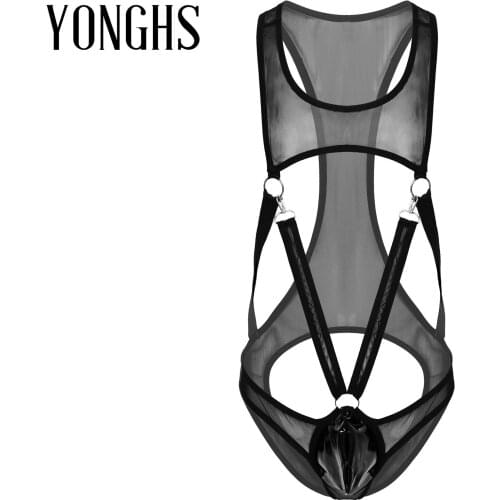 Lingerie See-through Mesh Singlet Bodysuit Mens Patent Leather Bulge Pouch Open Butt Underwear Leotard Strappy O-ring Jumpsuits