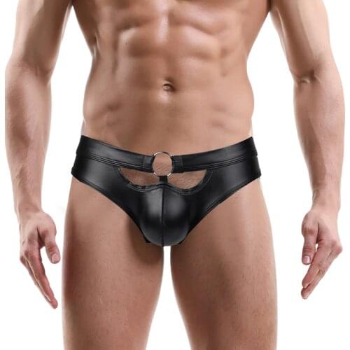New mens underwear imitation leather gay back empty briefs cueca sexy cutout Underpants PU Faux Leather patent leather shorts