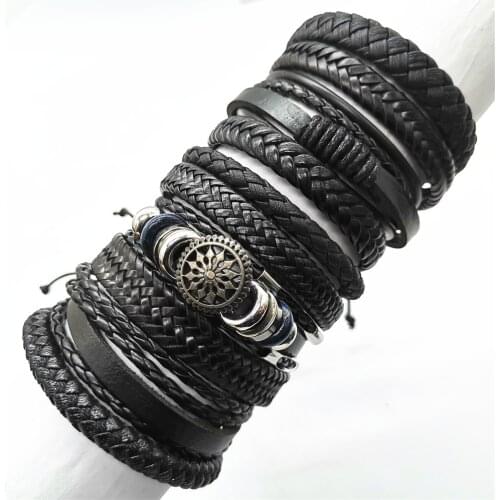 Wholesale Bracelets Fashion Black 10 Pcs/set Handmade Weave Wrap Leather Men Bracelets for Women Bangles Homme Male Jewellery