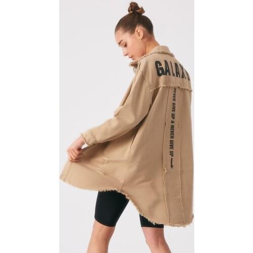 Ripped Detailed Back Printed Jean Coats Women Sports Clothing