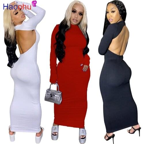 HAOOHU Sexy Fall Long Sleeve Maxi Dress Fashion Backless White Dress Birthday Outfits Women Clothing Streetwear Lounge Wear