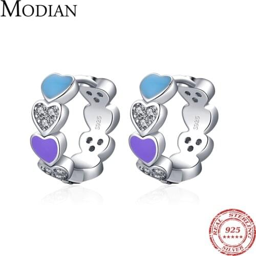 Modian 100% 925 Sterling Silver Trendy Clear CZ Heart Enamel Rainbow Color Hoop Earrings For Women 2021 New Female Jewelry Arete