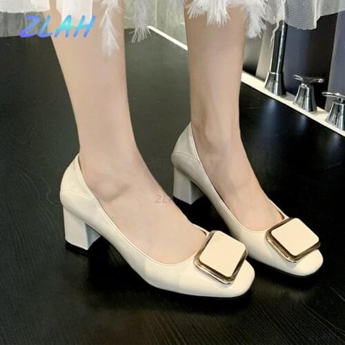 Ladies High Heels Patent Leather Mid-heel Boat Shoes Zlah Single Shoes Thick Heel Dress Shoes Shallow Mouth Ladies Shoes Pumps