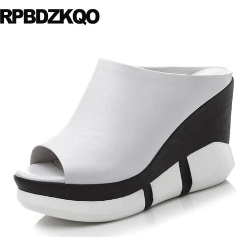 Pumps Designer Shoes Women Luxury 2018 Genuine Leather Wedge Sandals Mules Runway Peep Toe White High Heels Platform Slides