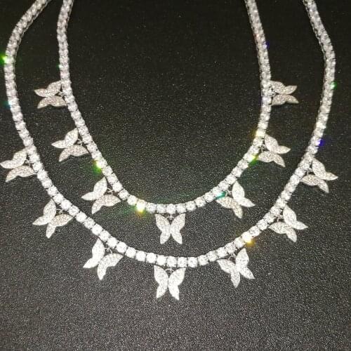 Hip Hop Bling Ice Out 1 Row AAA Cubic Zirconia Tennis Chain Necklaces 7PCS Butterflys Pendants for Men Women Rapper Jewelry