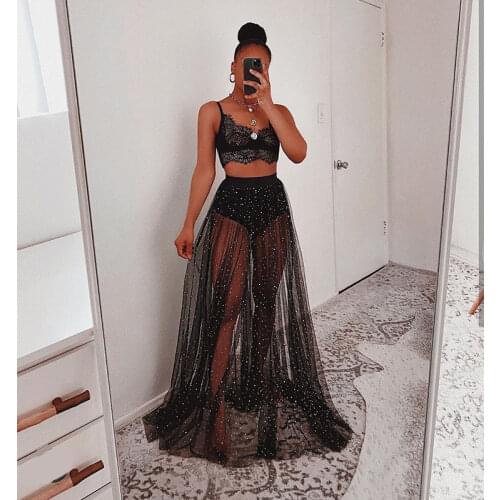 VAZN New product 2020 summer sexy lady black solid sequins light skirts mid elastic waist Voile skirts lady beach sweet skirts