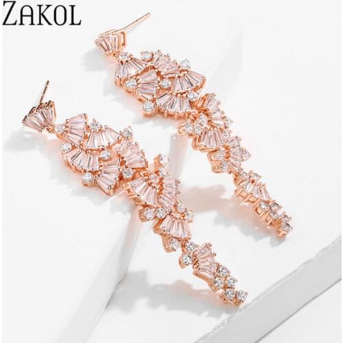 ZAKOL Newly arrived AAA Crystal Luxury earring Gorgeous Flower Long Dangle Earrings for Women Bridal Wedding Jewelry Gift