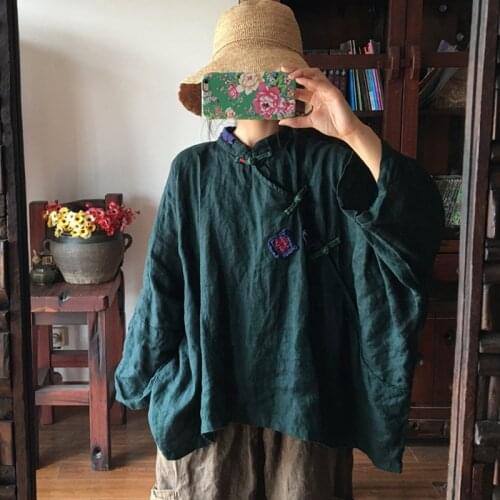 Johnature Women Bat Sleeve Shirts Vintage Cotton Linen Blouses 2020 Autumn New Stand Button Plus Size Women Cloths Loose Shirts