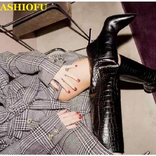 ASHIOFU Handmade New Ladies Stiletto Heel Boots Pointed-toe Sexy Club Knee High Boots Winter Shopping Evening Fashion Boots