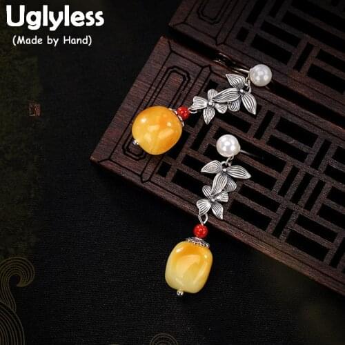 Uglyless Real S 925 Sterling Silver Natural Amber Earrings for Women Beeswax Brincos Handmade Flowers Fine Jewelry Pearl Bijoux