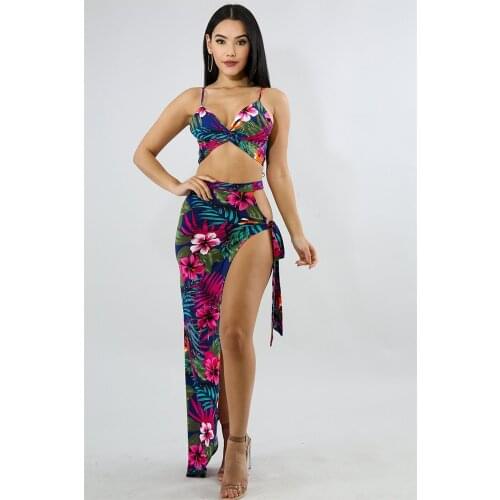 Bohemian Floral Print Women Sets Sexy Spaghetti Strap V Neck Crop Top With Skirt Two Piece Set Elegant Summer Beach Women Outfit