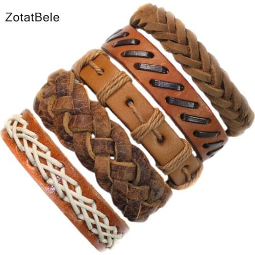 ZotatBele 5Pcs/Set Vintage Multilayer Leather Bracelet Men Fashion Braided Handmade Rope Wrap Bangles Male Gift F76