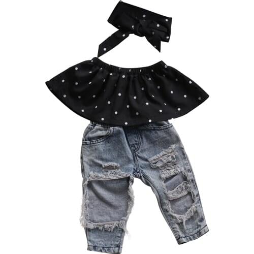 New 3Pcs Ripped Kids Baby Girls Summer Dot Sleeveless Top +Hole Jeans +Headband 3pcs Clothes