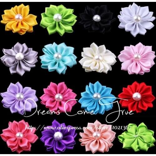 50pcs/lot 2" 15Colors Newborn Lovely Chic Satin Artificial Fabric Flower For Children Hair Accessories With Clear Pearl Button