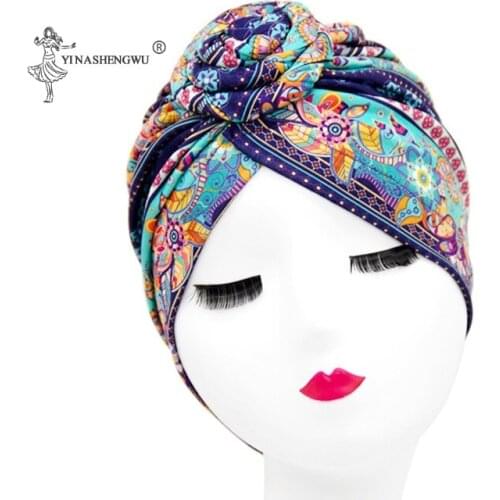 Indian Arab Wrap Women Head Bonnet Bohemian Ethnic Inner Hijabs Scarf Turban Caps Trendy Printed Hijab For Cap Muslim Headdress