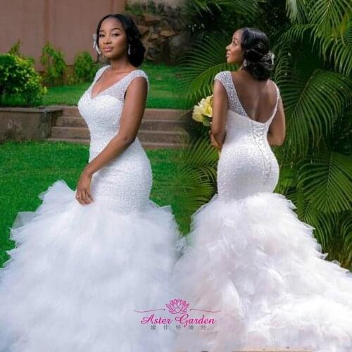 Custom Size Latest African Bridal Gown Sexy V Neck Sleeveless Sequins Bust Ruffles Skirt Long Train Mermaid Wedding Dress
