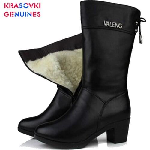 Krasovki Genuines Wool Women Snow Boots Warm Genuine Leather Fur Warm Shoes Plush High Boots Platform for Women Winter Boots