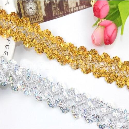 15yard/Lot 2.5cm Gold and Silver Sequin Lace, Ribbon, Wave Lace for Dance Clothing,Hat,Shoes Accessory