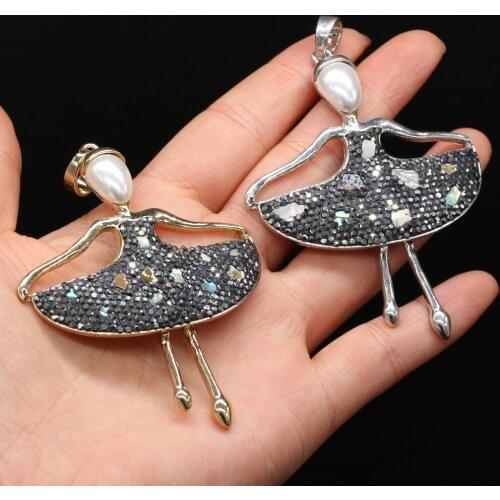 Cute Girl Metal Alloy Pendant Shiny Artificial Diamonds Pearl Shell Blue Turquoises Stone Charm for Jewelry Making Necklace Deco