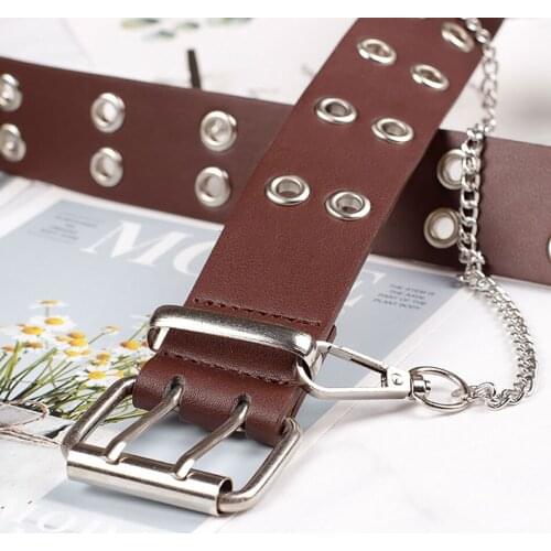 2021 Punk Chain PU Fashion Womens Belt Brown Black Adjustable Double Eyelet Buckle Jeans Belt Female Luxury Designer Waistband
