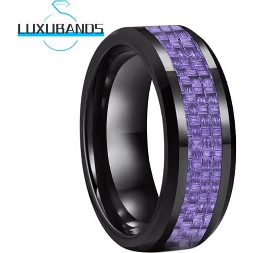 Mens Wedding Rings 8MM Purple Carbon-Fiber Inlay Black Beveled Edges Polished Finished Comfort Fit
