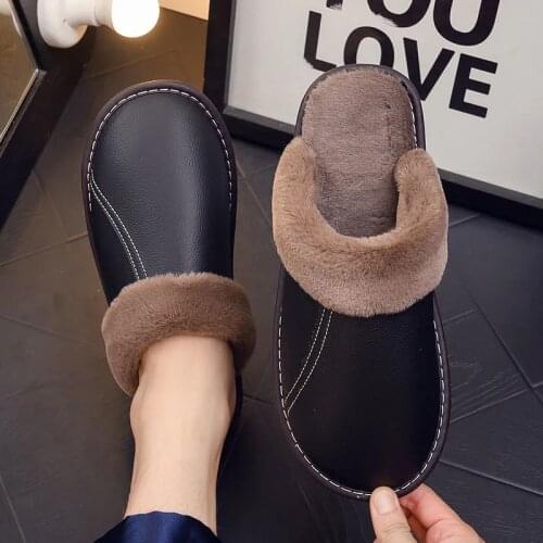Mens genuine leather winter slippers plush furry footwear unisex brand classic slippers man fur warm home shoes