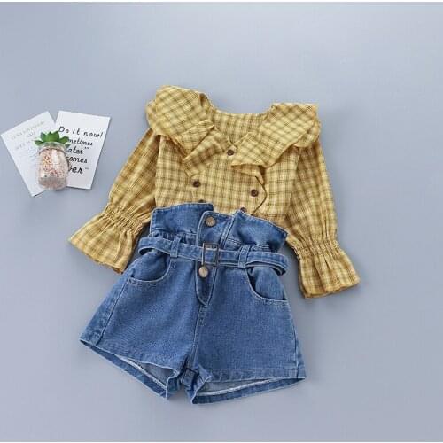 2-7 years high quality girl clothing set 2020 new autumn fashion casual plaid shirt + denim pant kid children clothing