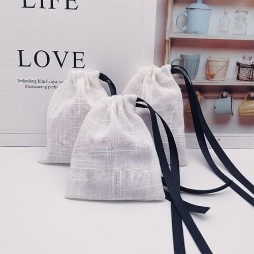 50pcs Jewelry Cotton Gift Bag with Black Ribbon 9x12cm Wedding Birthday Party Candy Pouch Jewelry Packaging Display&Pouches