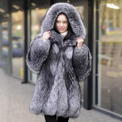 FURSARCAR Luxury Whole Skin Real Silver Fox Fur Coat With Fur Hood Women Winter Real Silver Fox Jacket Fashion Street Outwear
