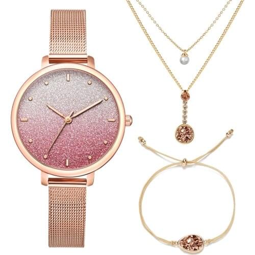 3Pcs/Set Luxury Women Watches Rose Gold Bracelet Shiny Necklace Stainless Steel Starry Sky Fashion Watch for Women Dress Watch
