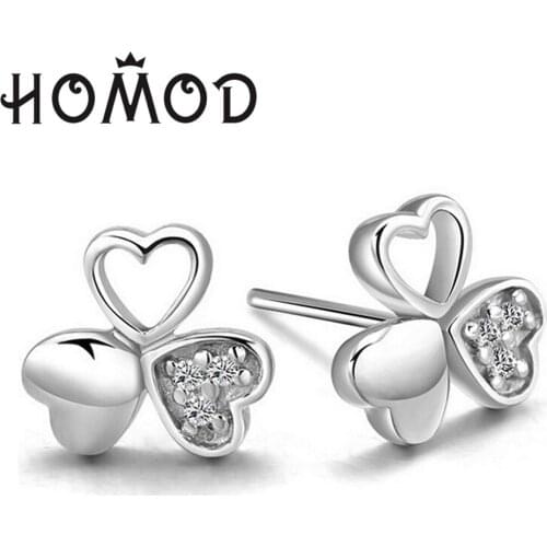 HOMOD Cute Three Leaf Clover Stud Earrings Women CZ Zircon Brand Earrings For Female Party Jewelry Gifts