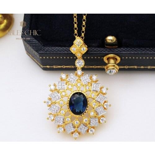 Snowflake Oval Gemstone 925 Solid Silver Renaissance Pendant 18K Gold Tone Royal Temperament CZ Stars Charm Necklace C11N3S25425