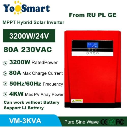 MPPT 80A 3200W 220/230VAC Wide Voltage Pure Sine Wave Solar Charger 3200VA Off Grid Hybrid Solar Inverter and Support LI Battery
