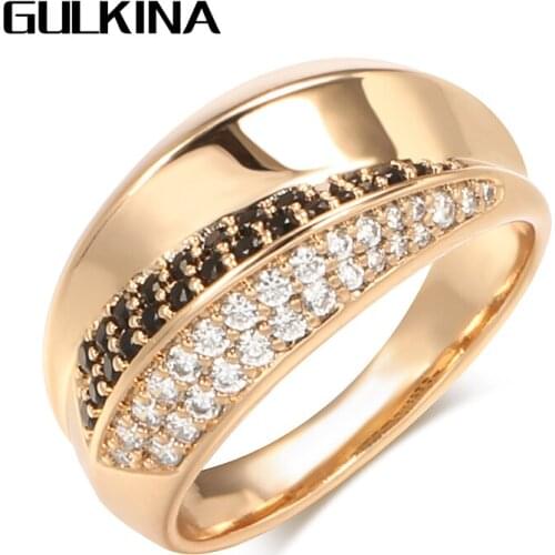 Gulkina Luxury Geometric Cross 585 Rose Gold Ring Natural Black White Zircon Wedding Rings for Women Fashion Vintage Jewelry