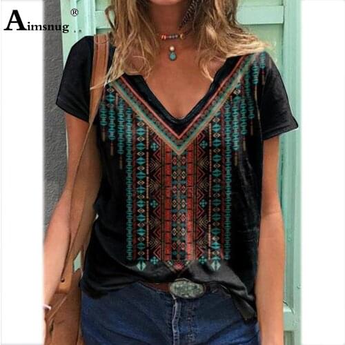 Plus Size 3xl Ladies Elegant Leisure Casual T-shirt Bohemian Print Tops Pullovers Vintage 2021 Summer Tees shirt Femme Clothing