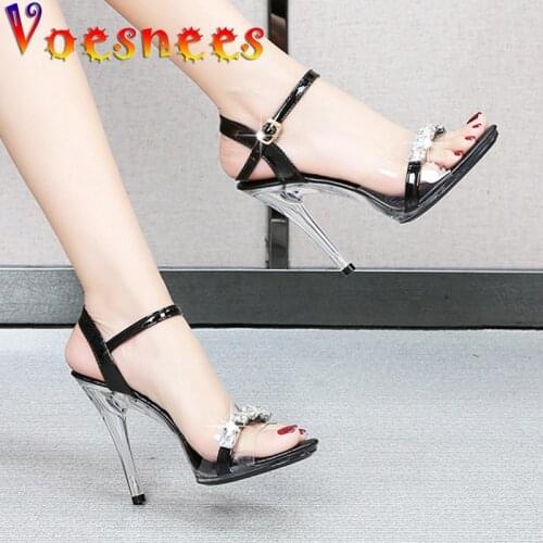 2021 Temperament Women Shoes Summer New PVC Transparent Crystal Heel Sandals Shining Diamond Buckle Strap Stiletto Shoes Size 41