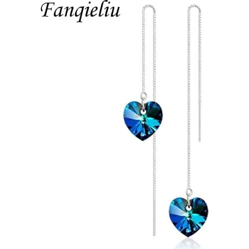 Fanqieliu Long Chain Luxury Shinning Ocean Blue Crystal Heart Drop Earrings Women For 925 Silver Real Sterling FQL193272