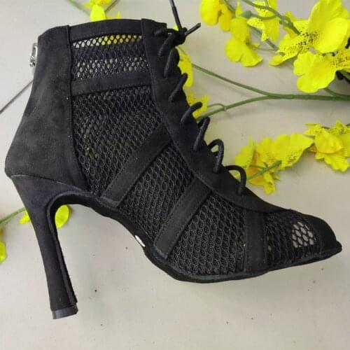 Woman Latin Dance Shoes Black 8.5cm Heeled Ballroom Dance Boots Women Salsa Tango Dancing Shoes Girls Soft Sole Party Sandals